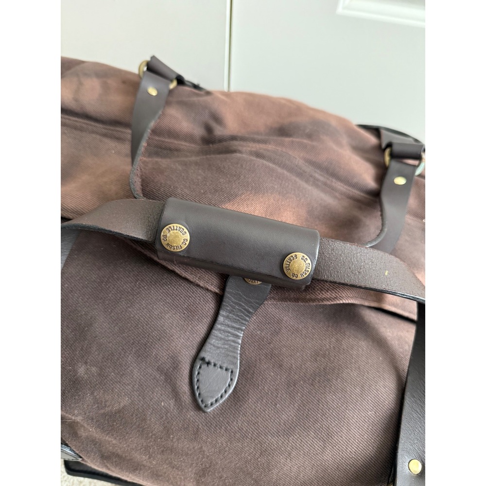Filson Rugged Twill Duffle Bag Cinder Brown Leather Trim Travel Heavy Canvas - Picture 3 of 16